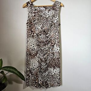 EUC CALVIN KLEIN ANIMAL PRINT SOFT STRETCY MID RUCHED MIDI DRESS SIZE M / PET L